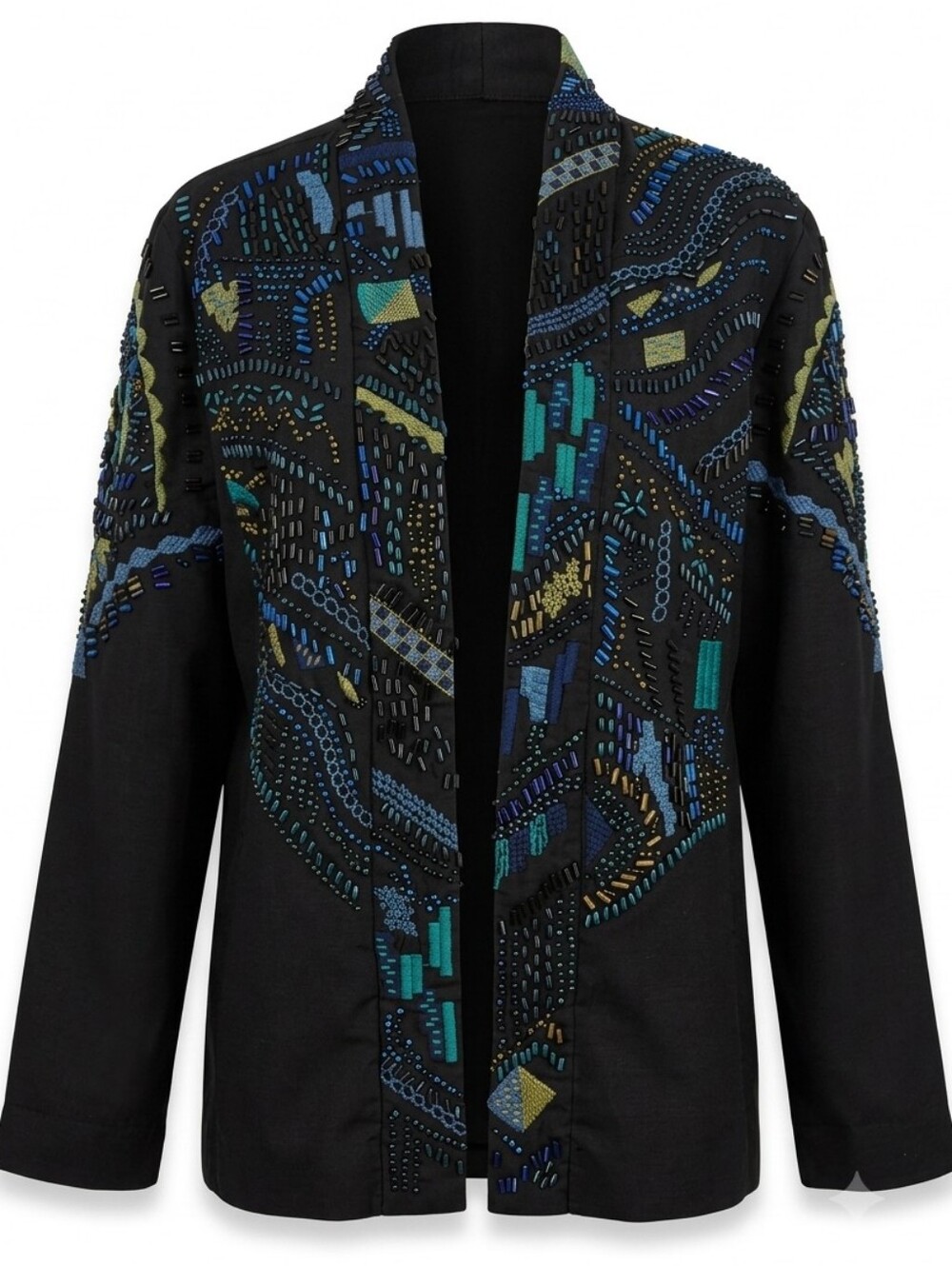 Chico's Artisan Beaded Embroidered Open Front Jacket Black Boho Blazer SIZE 3